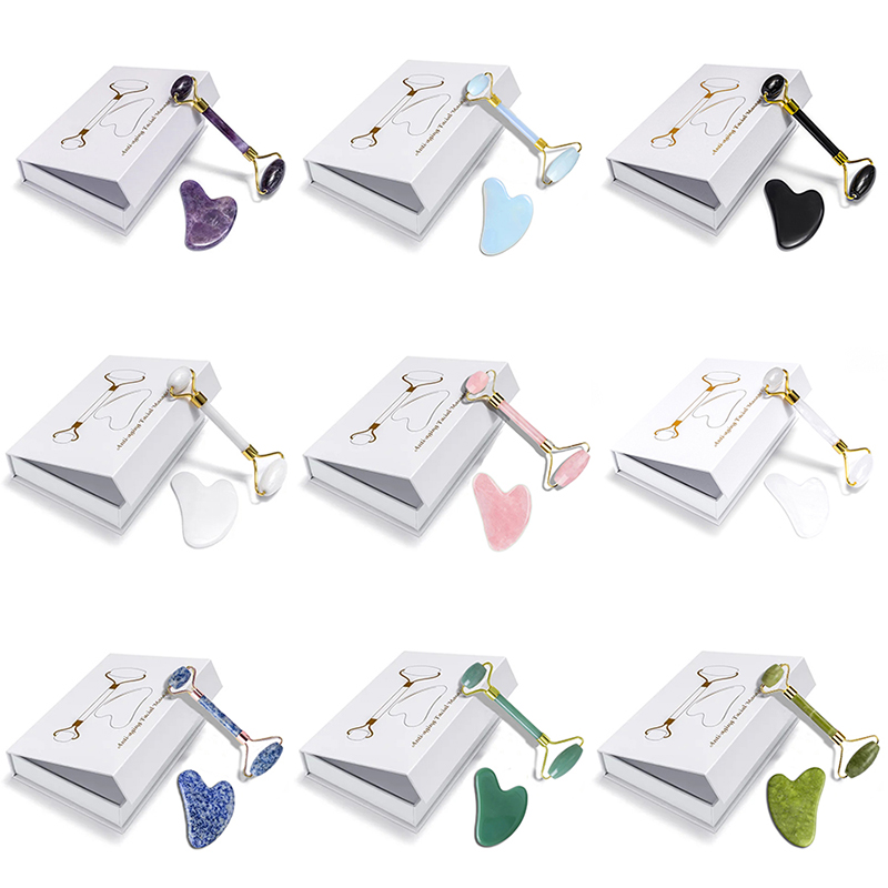 Jade Roller Gua Sha - Set Pemijat Roller Batu Giok Alami